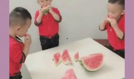 三胞胎小孩吃瓜,共享甜蜜，共享童年